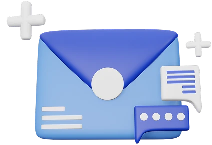 Um ícone de envelope azul 3D com elementos de mensagem e comunicação, representando e-mail, contato ou correspondência online.