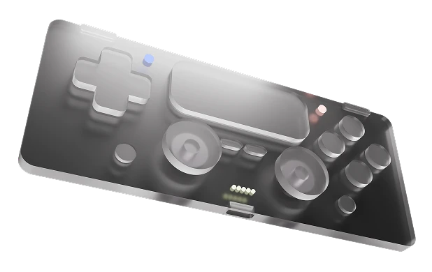Um controle de jogo futurista transparente visto de um ângulo lateral com botões e joysticks visíveis.